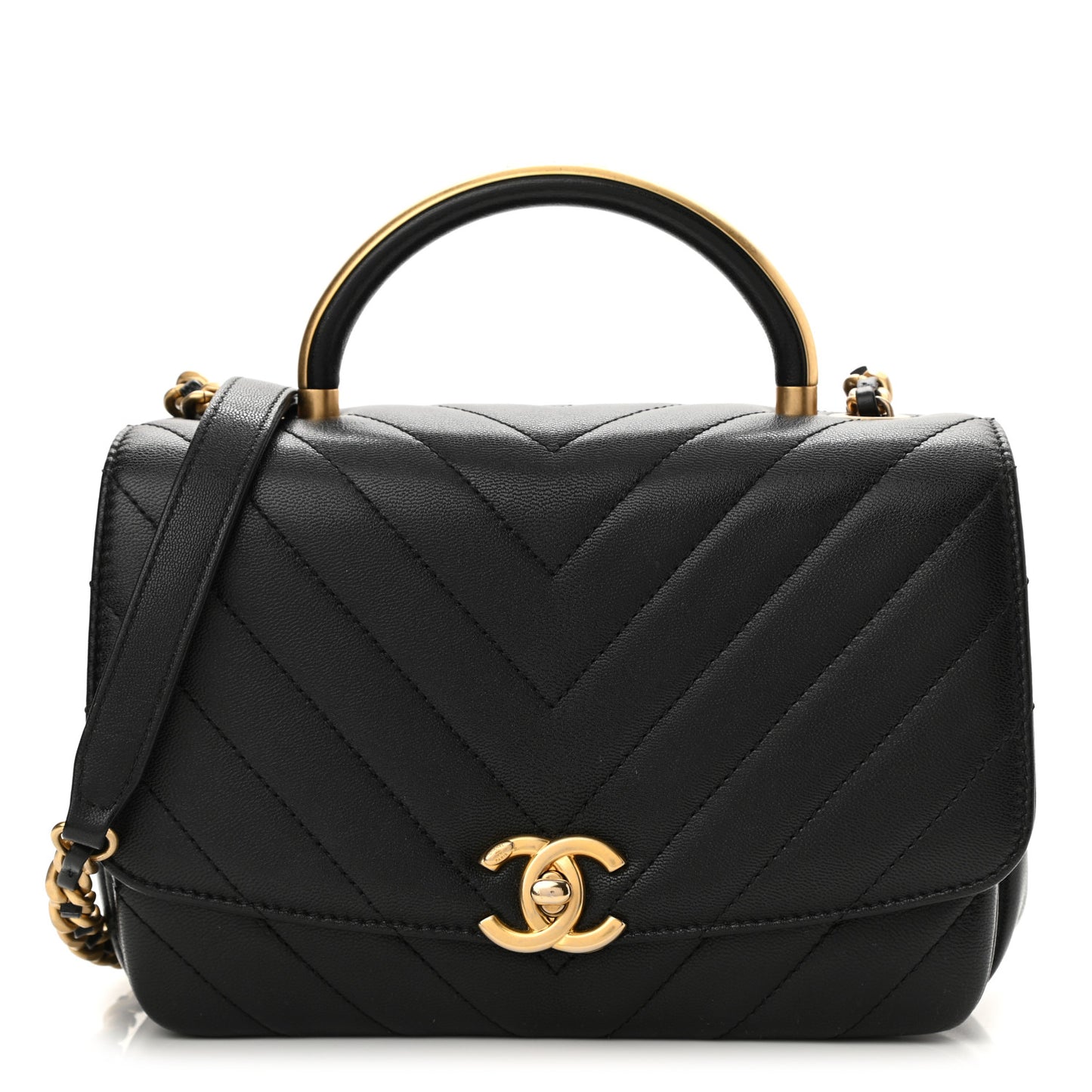Lambskin Chevron Quilted Gold Top Handle Flap Bag Black