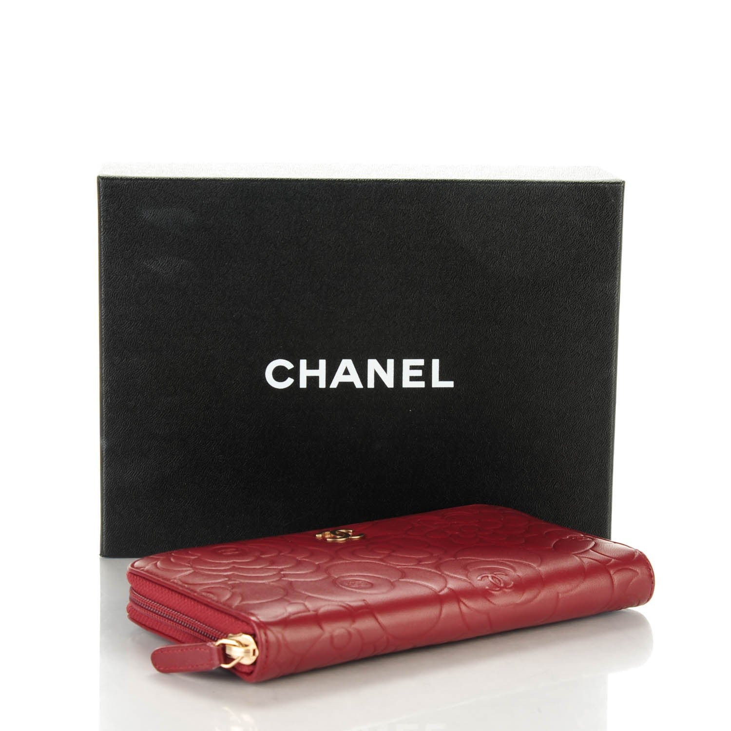 Chanel Lambskin Camellia Embossed Large Gusset Zip Around Wallet Red 4 of 9