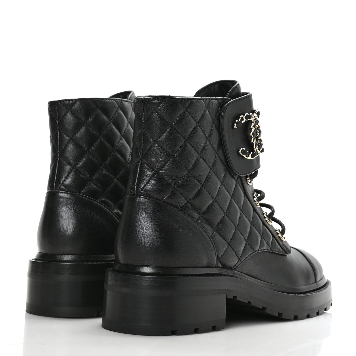 Shiny Calfskin Quilted Lace Up Combat Boots 40 Black
