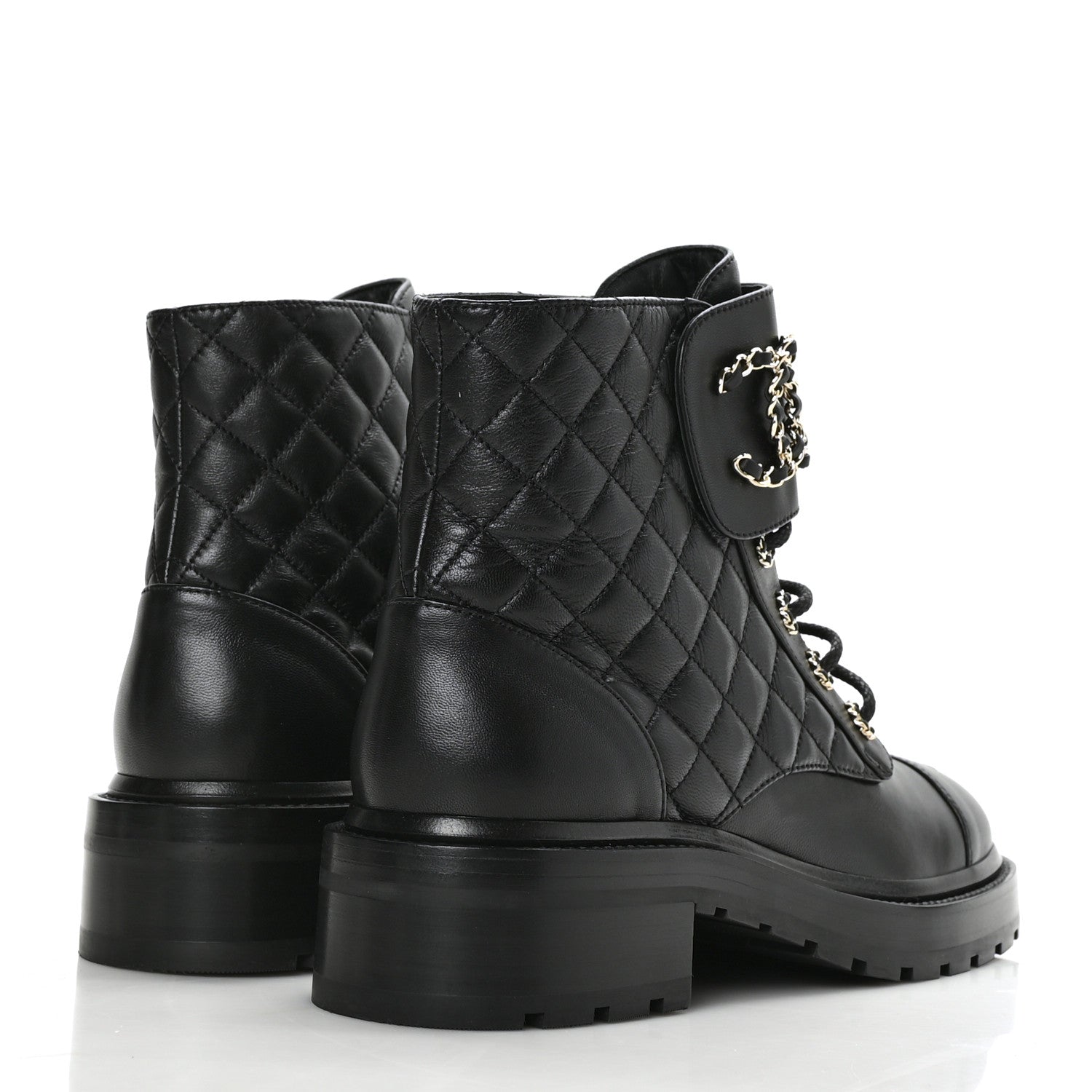 Chanel Shiny Calfskin Quilted Lace Up Combat Boots 40 Black 4 of 8