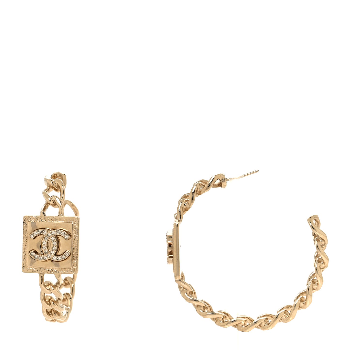 Metal Crystal CC Square Chain Hoop Earrings Gold