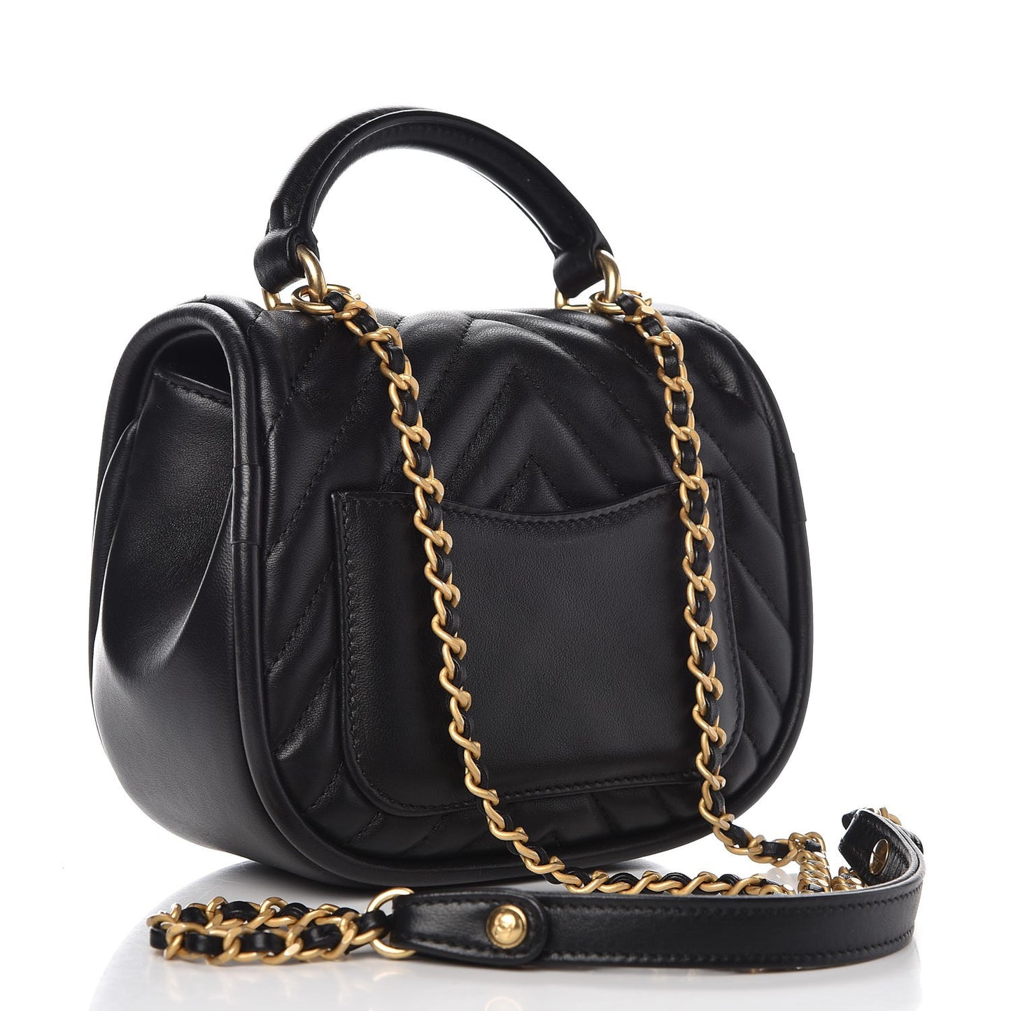Lambskin Reverse Chevron Quilted Mini Round Top Handle Flap Black