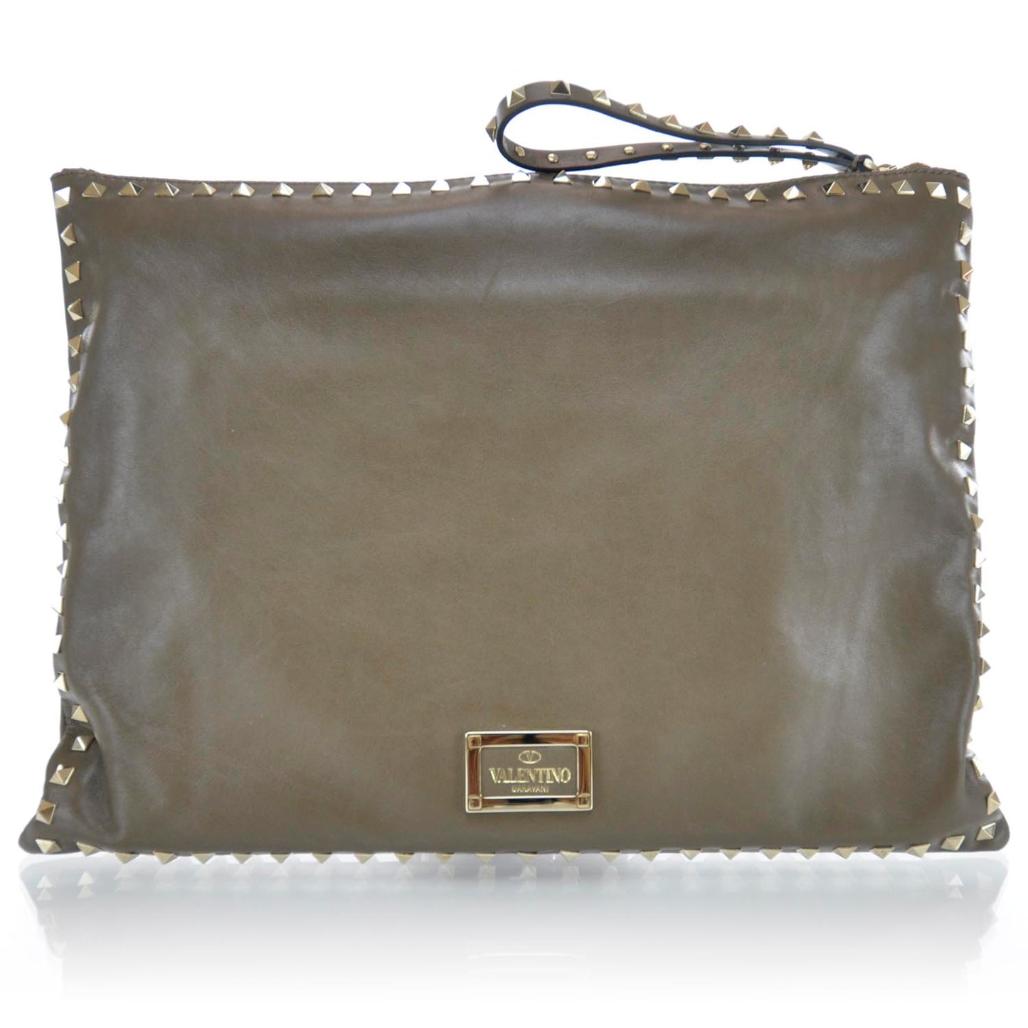 Vitello Oversized Rockstud Zip Wristlet Pouch Brun