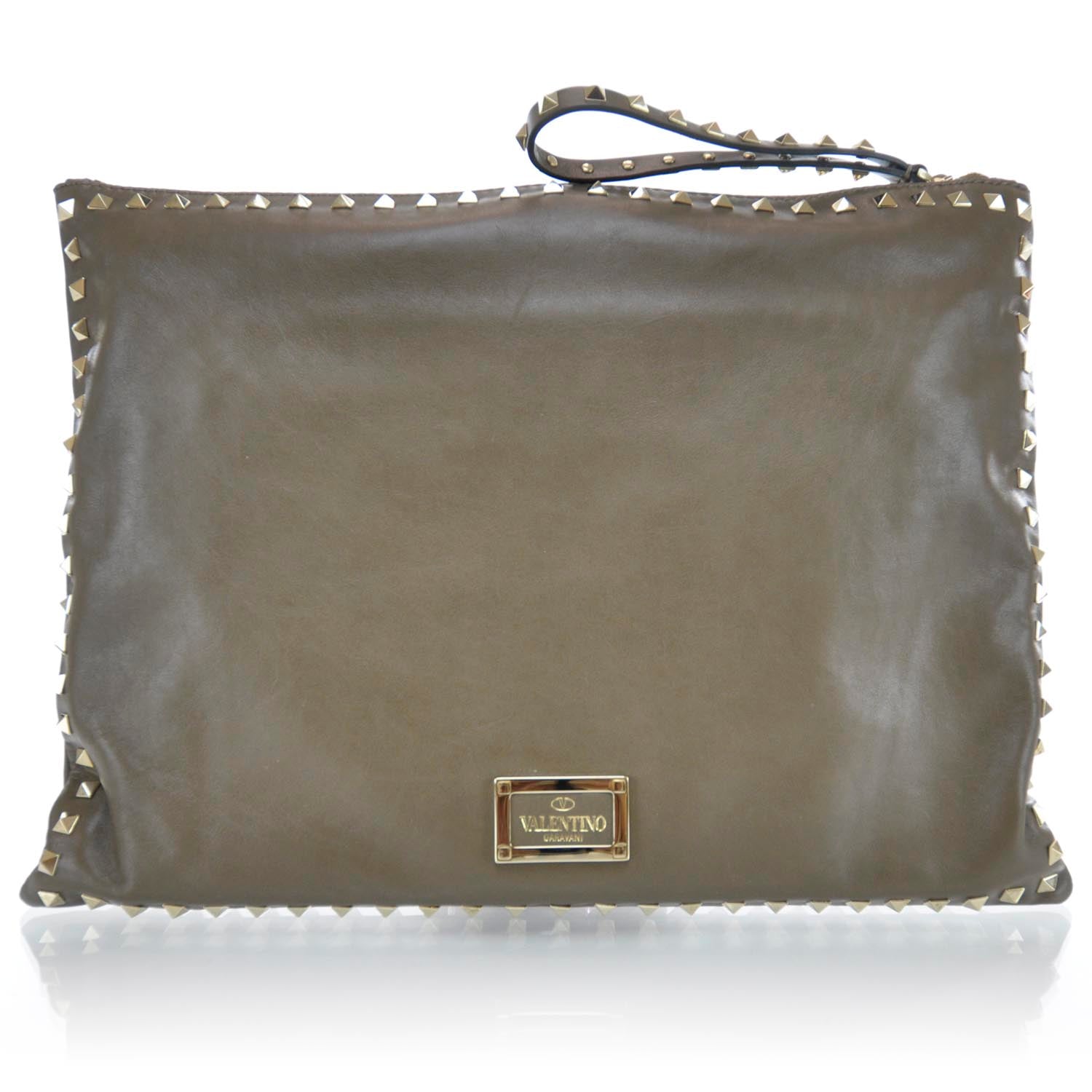 Valentino Garavani Vitello Oversized Rockstud Zip Wristlet Pouch Brun 1 of 10