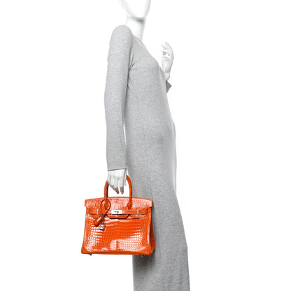 Hermes Shiny Porosus Crocodile 18K White Gold Diamond Birkin 30 Orange 3 of 14