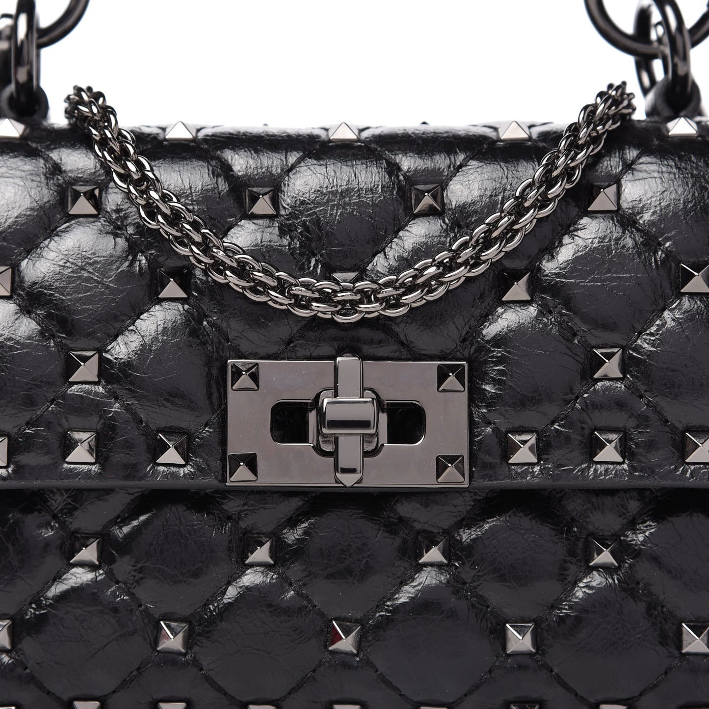 Craquele Nappa Small Rockstud Spike Shoulder Bag Black