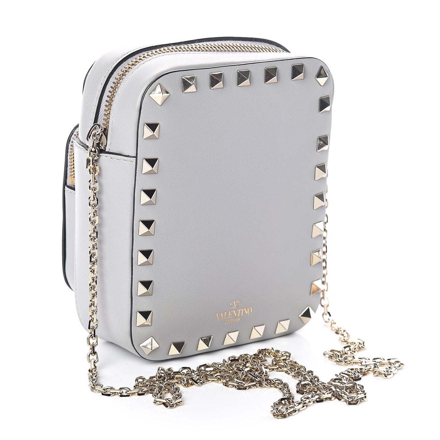 Calfskin Rockstud Double Pocket Chain Crossbody Bag Grey