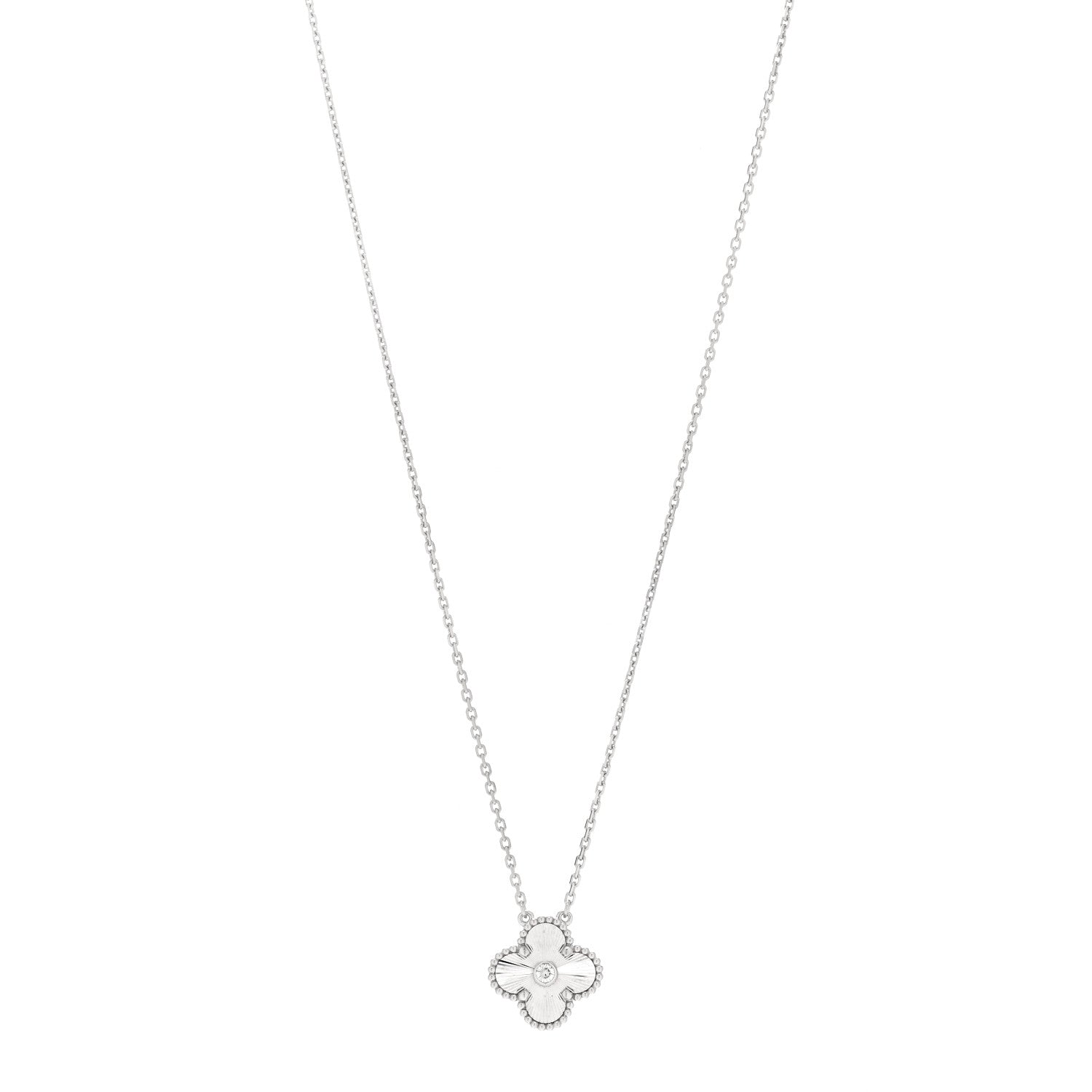 Van Cleef & Arpels 18K White Gold Diamond Guilloche Vintage Alhambra Pendant Necklace 1 of 6