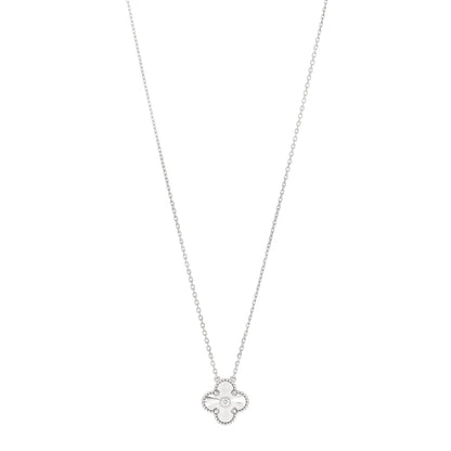 Van Cleef & Arpels 18K White Gold Diamond Guilloche Vintage Alhambra Pendant Necklace 1 of 6