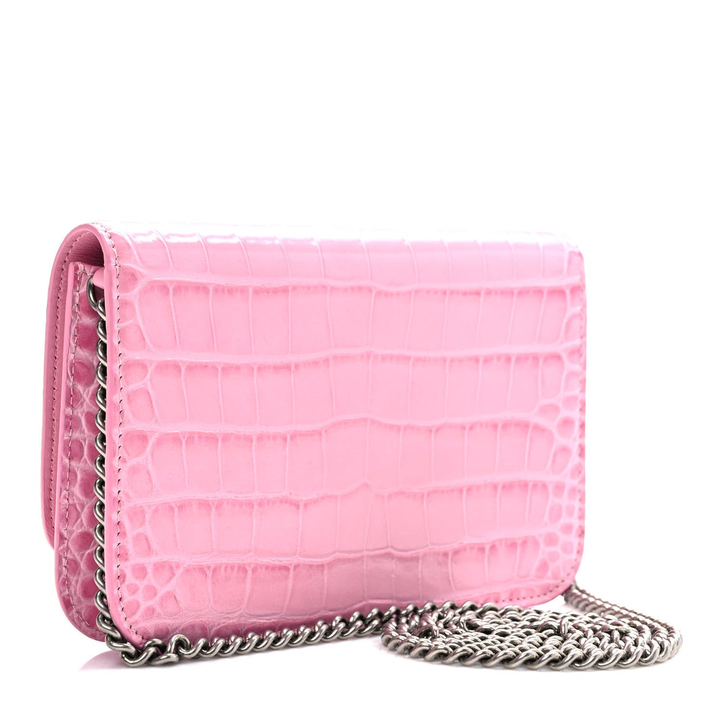 Patent Crocodile Embossed B Wallet On Chain Pink