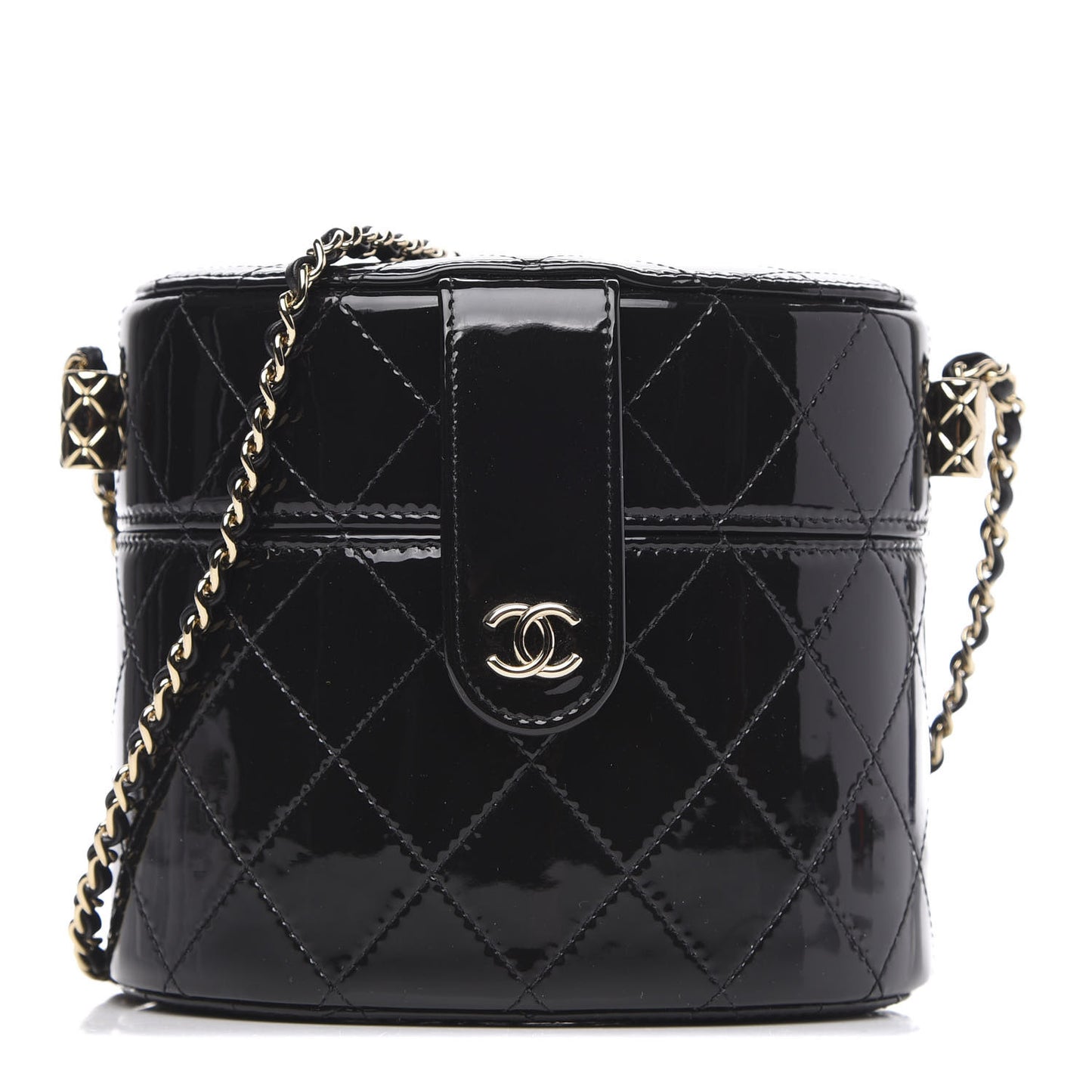 Patent Quilted Round Clutch With Chain Black