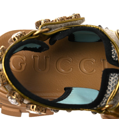 Gucci Silk Calfskin Mesh Crystal Embellished Studded Womens Aguru Sandals 38.5 Gold 9 of 12