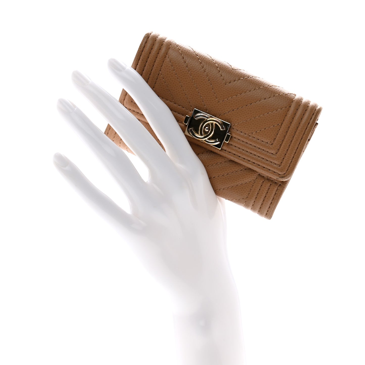 Caviar Chevron Quilted Boy Flap Card Holder Dark Beige