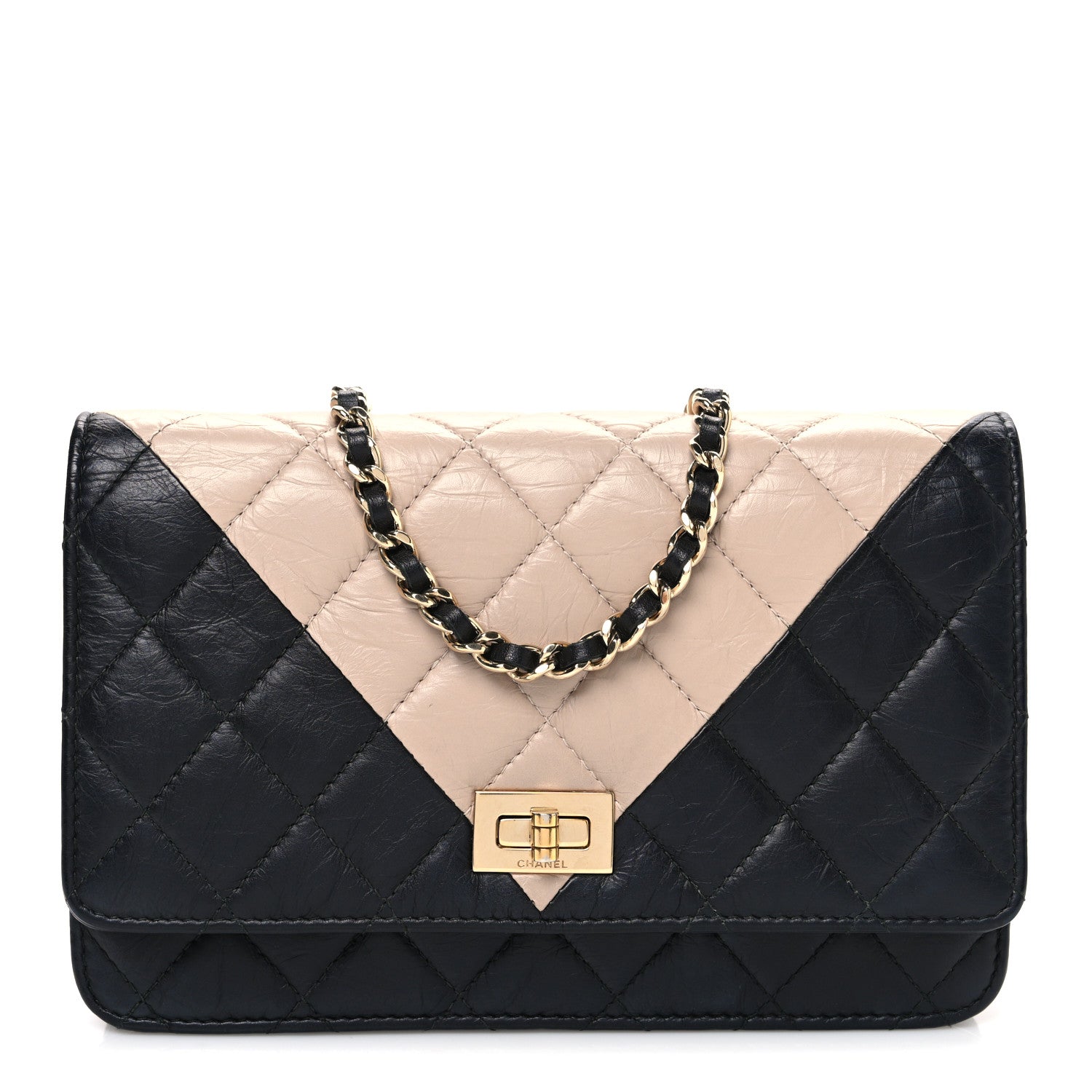 Chanel Aged Calfskin Quilted Reissue Wallet On Chain WOC Beige Black 1 of 12