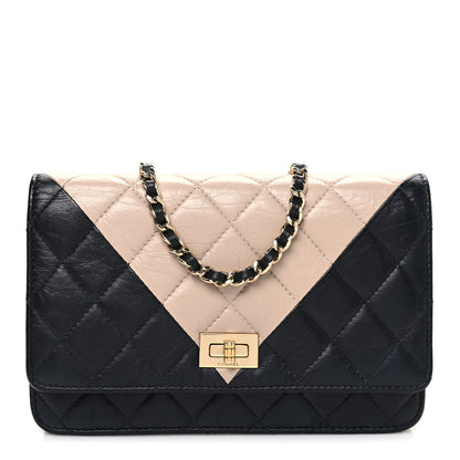 Chanel Aged Calfskin Quilted Reissue Wallet On Chain WOC Beige Black 1 of 12