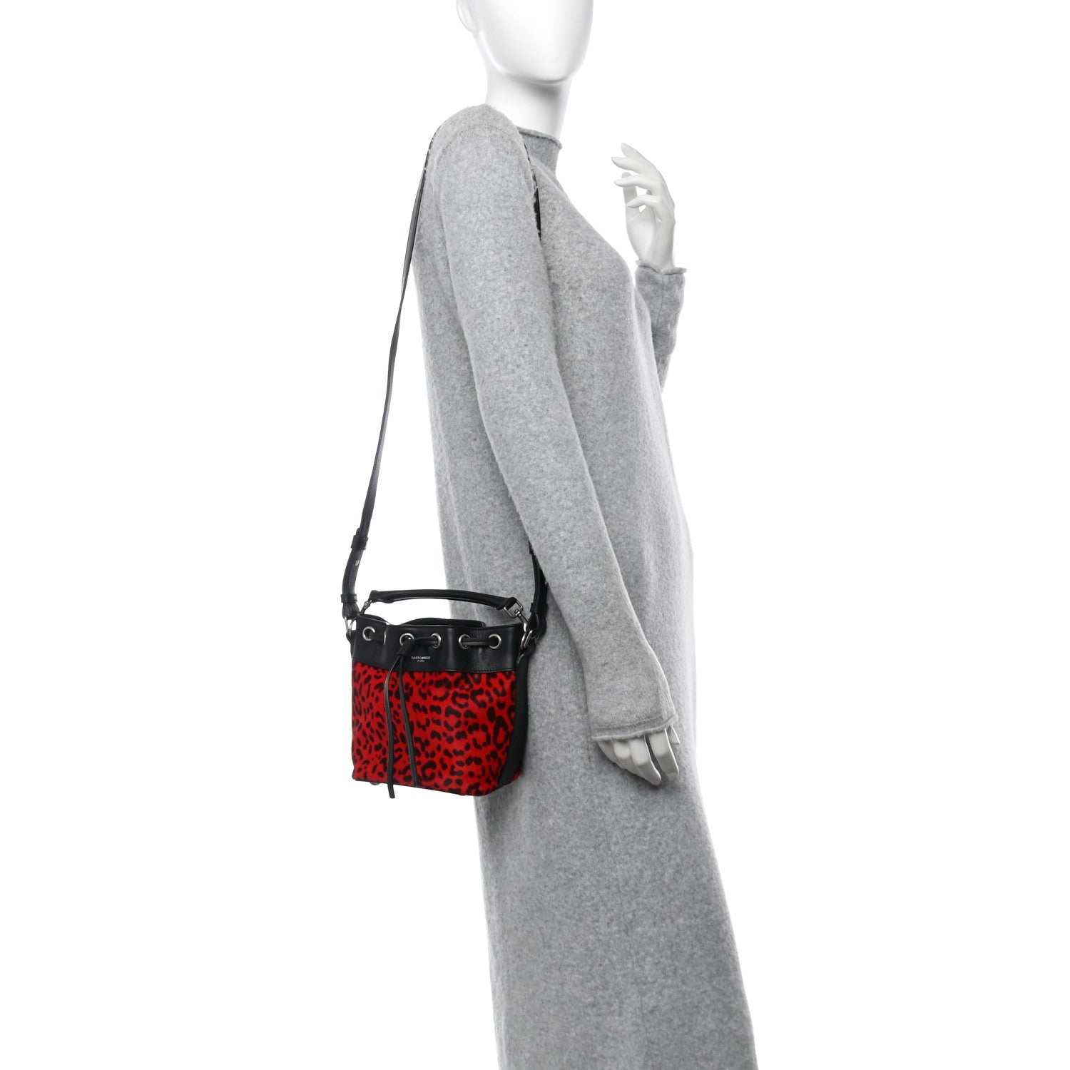 Saint Laurent Calf Hair Calfskin Leopard Print Small Emmanuelle Bucket Bag Red 2 of 10