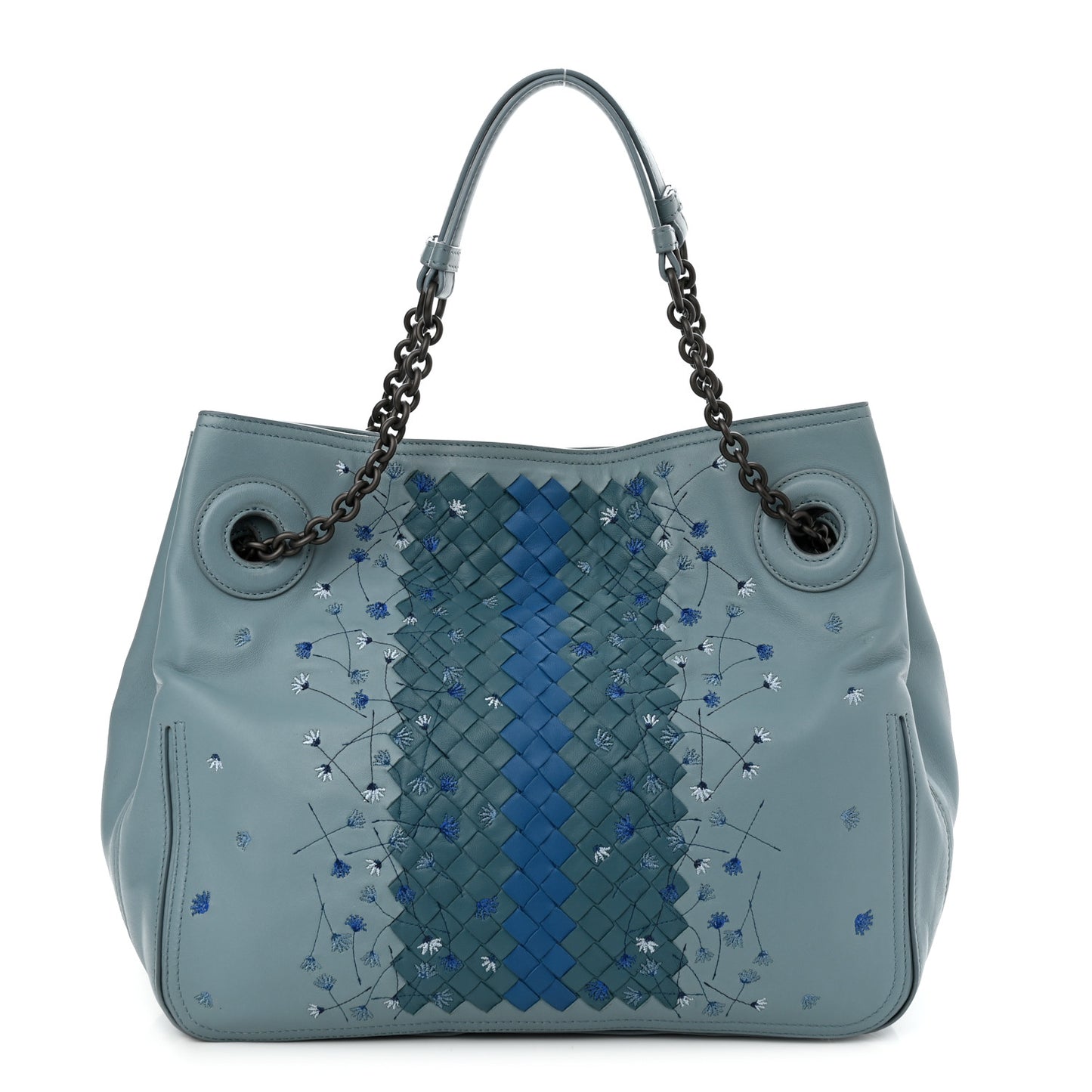 Nappa Intrecciato Floral Embroidered Tote Blue