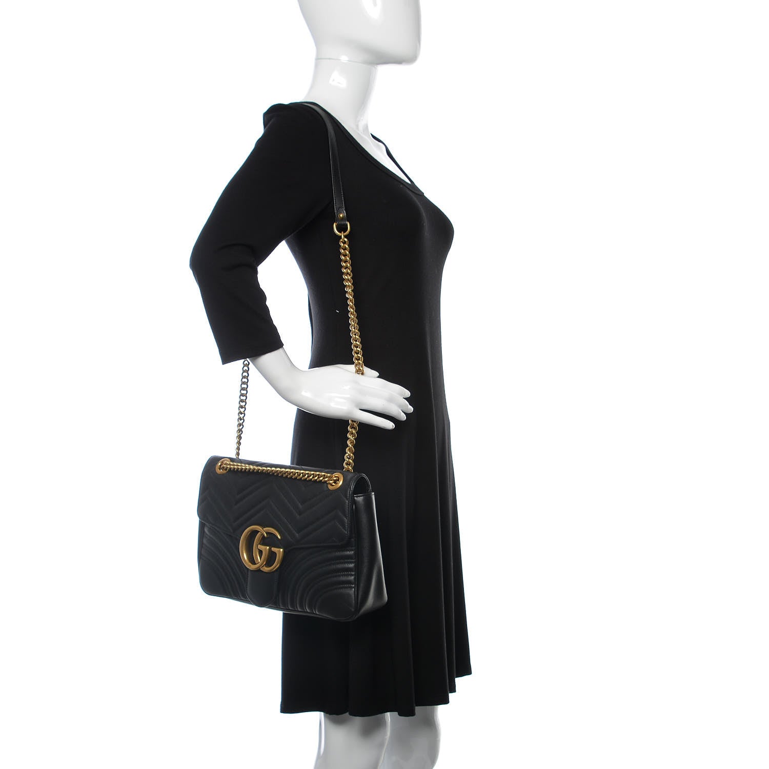 Gucci Calfskin Matelasse Medium GG Marmont Shoulder Bag Black 2 of 11