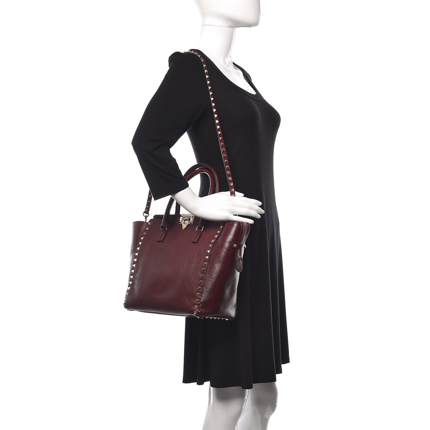 Valentino Garavani Textured Calfskin Rockstud Double Handle Tote Wine 2 of 12