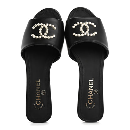 Chanel Lambskin Pearl CC Sandals 38.5 Black 2 of 8