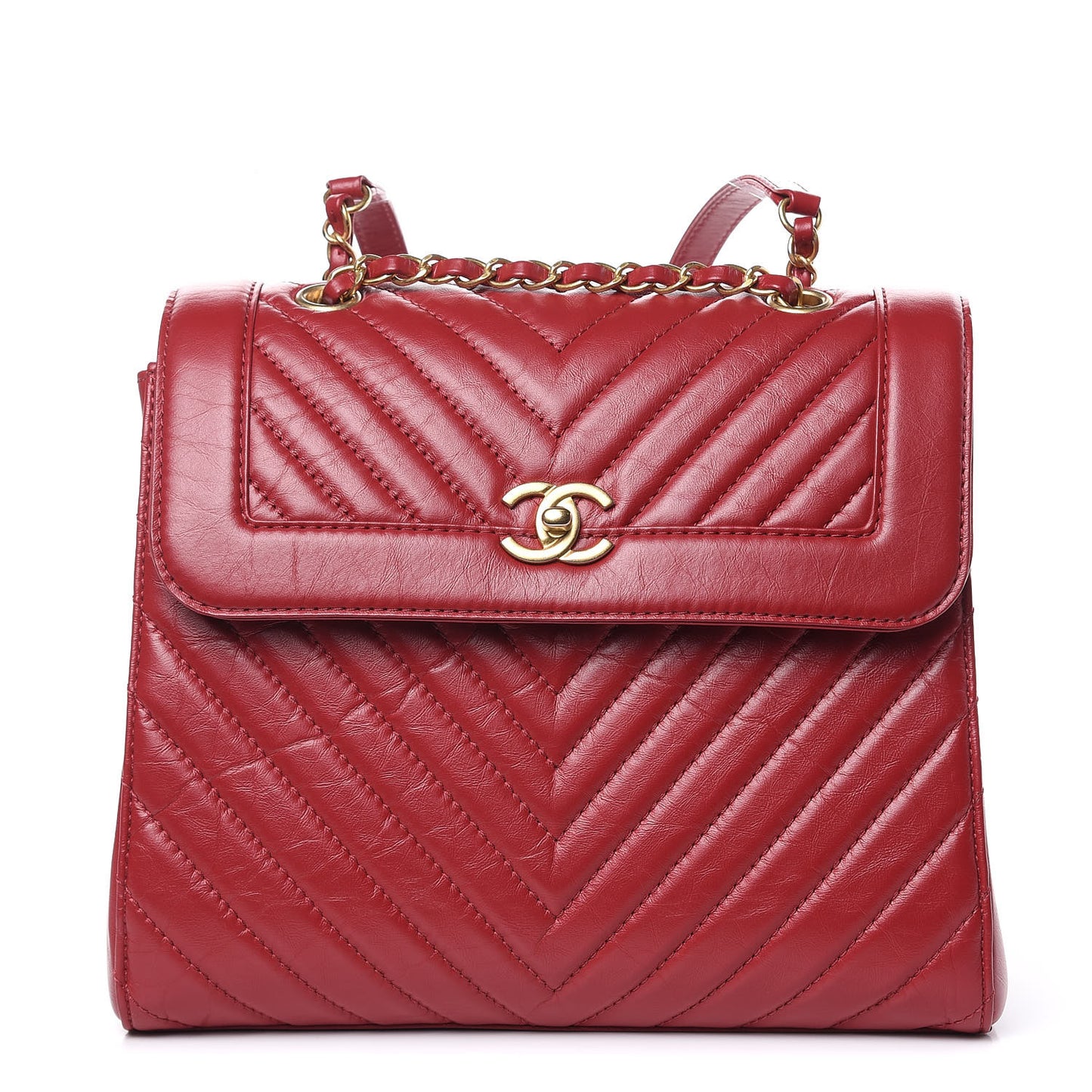 Aged Calfskin Chevron Quilted Backpack Red