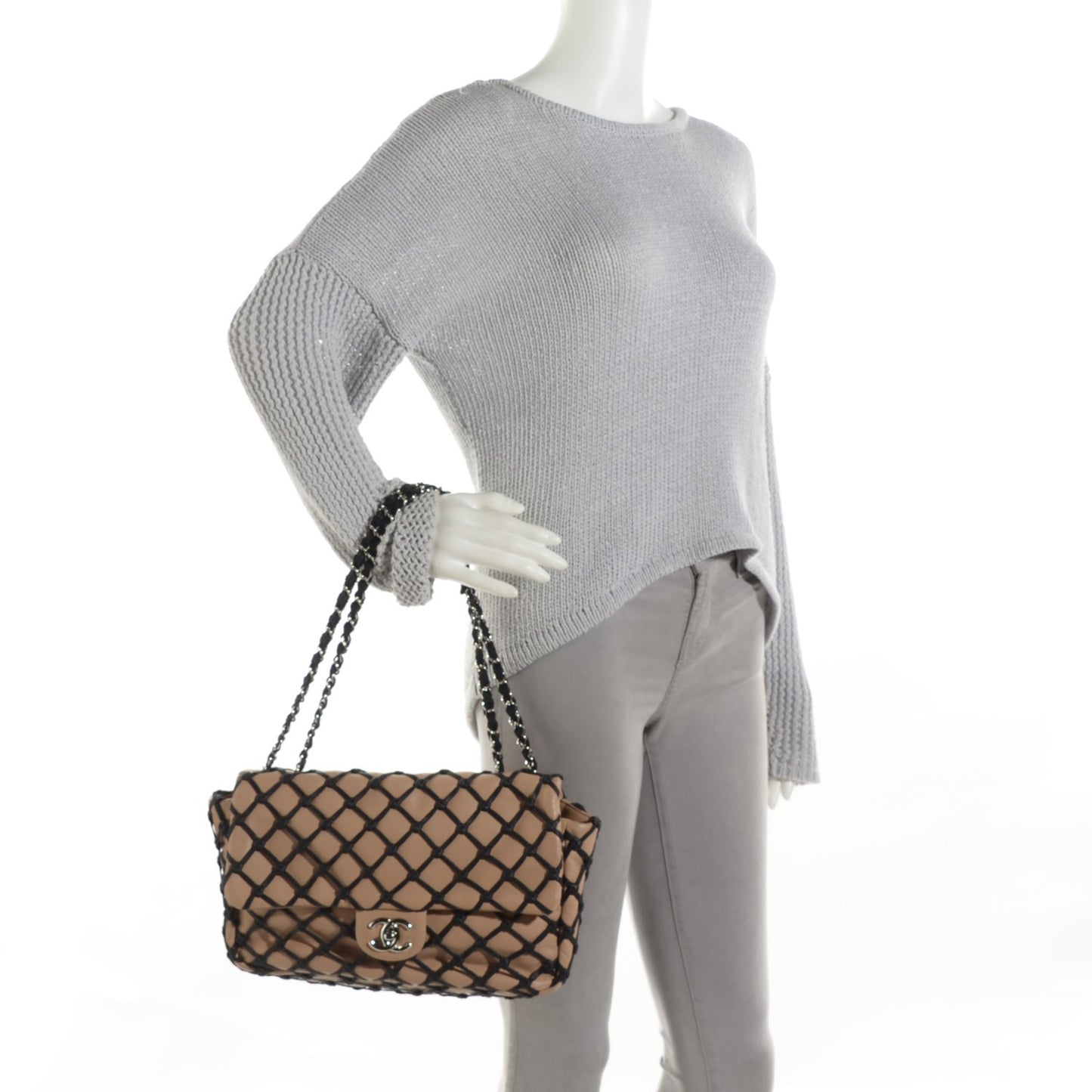 Lambskin Jumbo Canebiers Net Flap Biege