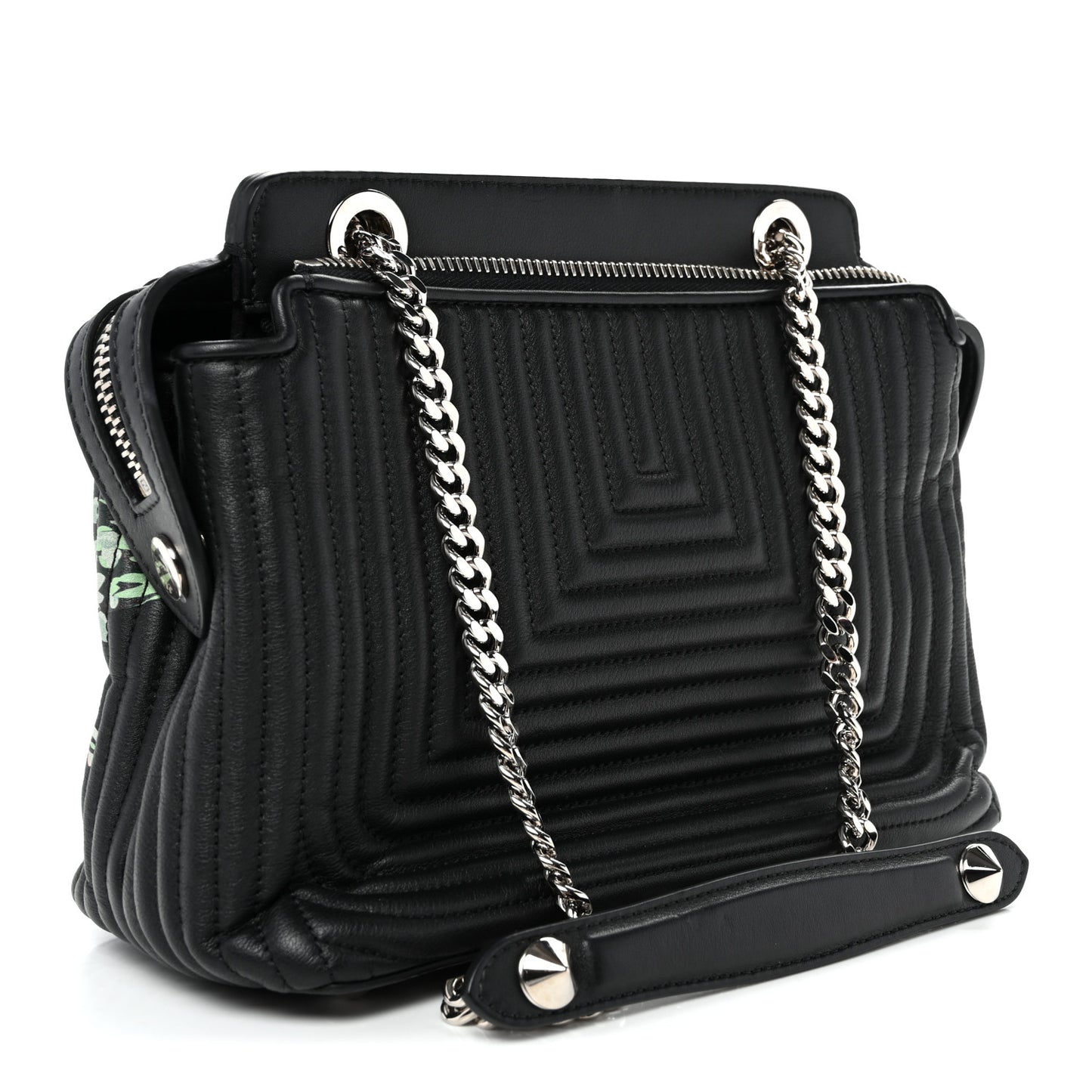 Calfskin Trapuntata Floral Small DotCom Click Chain Satchel Black Multicolor