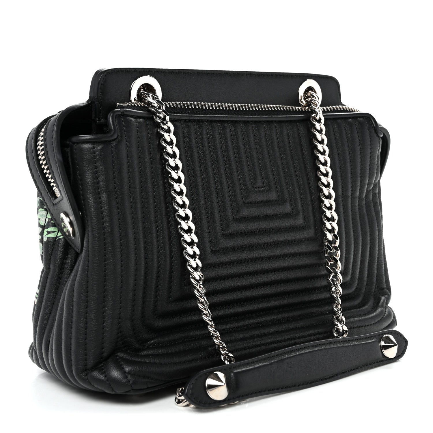 Fendi Calfskin Trapuntata Floral Small DotCom Click Chain Satchel Black Multicolor 3 of 11
