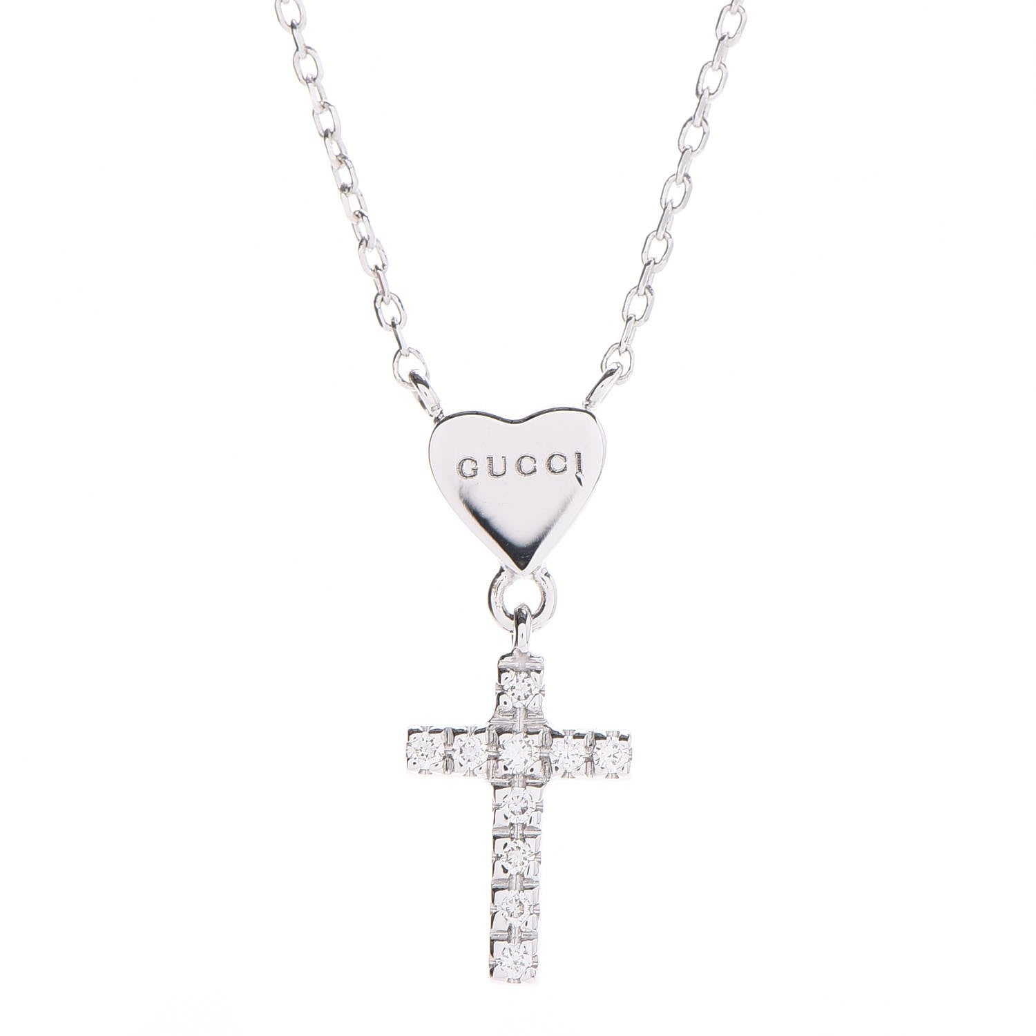 Gucci 18K White Gold Diamond Heart Cross Pendant Necklace 3 of 6