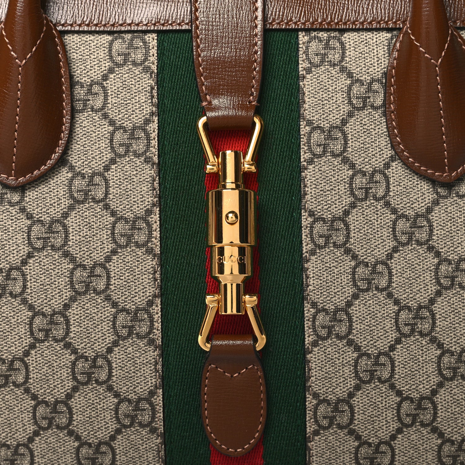 Gucci GG Supreme Monogram Azalea Calfskin Web Medium Jackie 1961 Tote Beige Ebony Brown Sugar 8 of 10