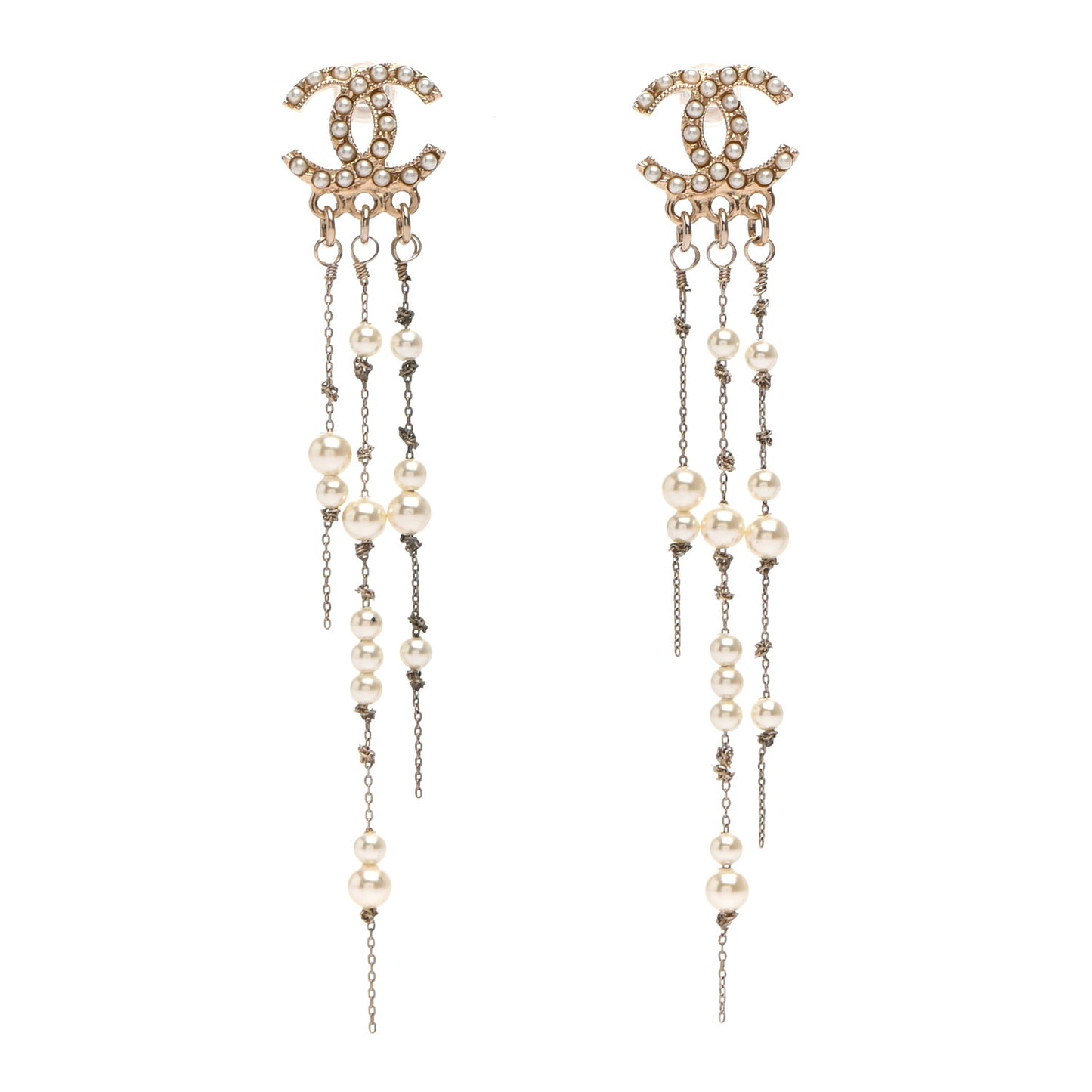 Pearl CC Long Chain Drop Earrings Gold