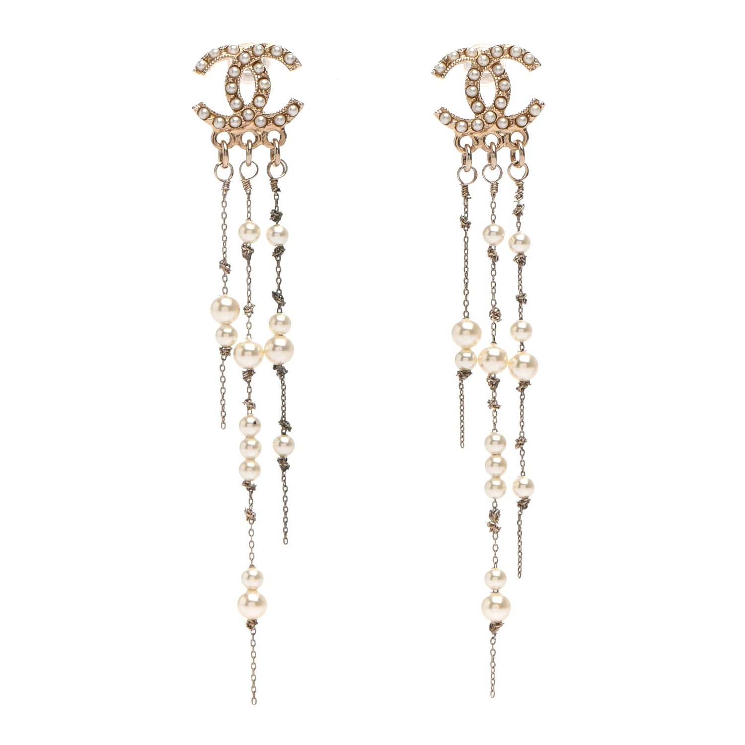 Chanel Pearl CC Long Chain Drop Earrings Gold 1 of 8