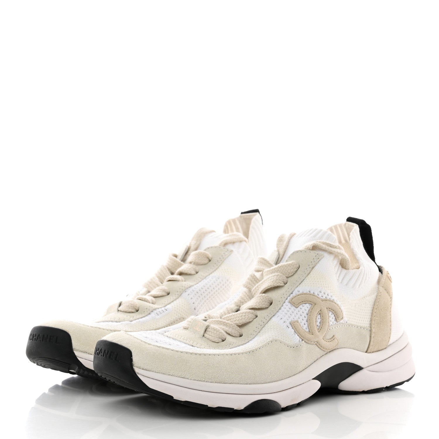Chanel Mesh Suede Fabric Womens CC Sneakers 40 White Ivory Light Beige 3 of 18