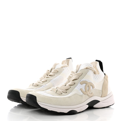 Chanel Mesh Suede Fabric Womens CC Sneakers 40 White Ivory Light Beige 3 of 18