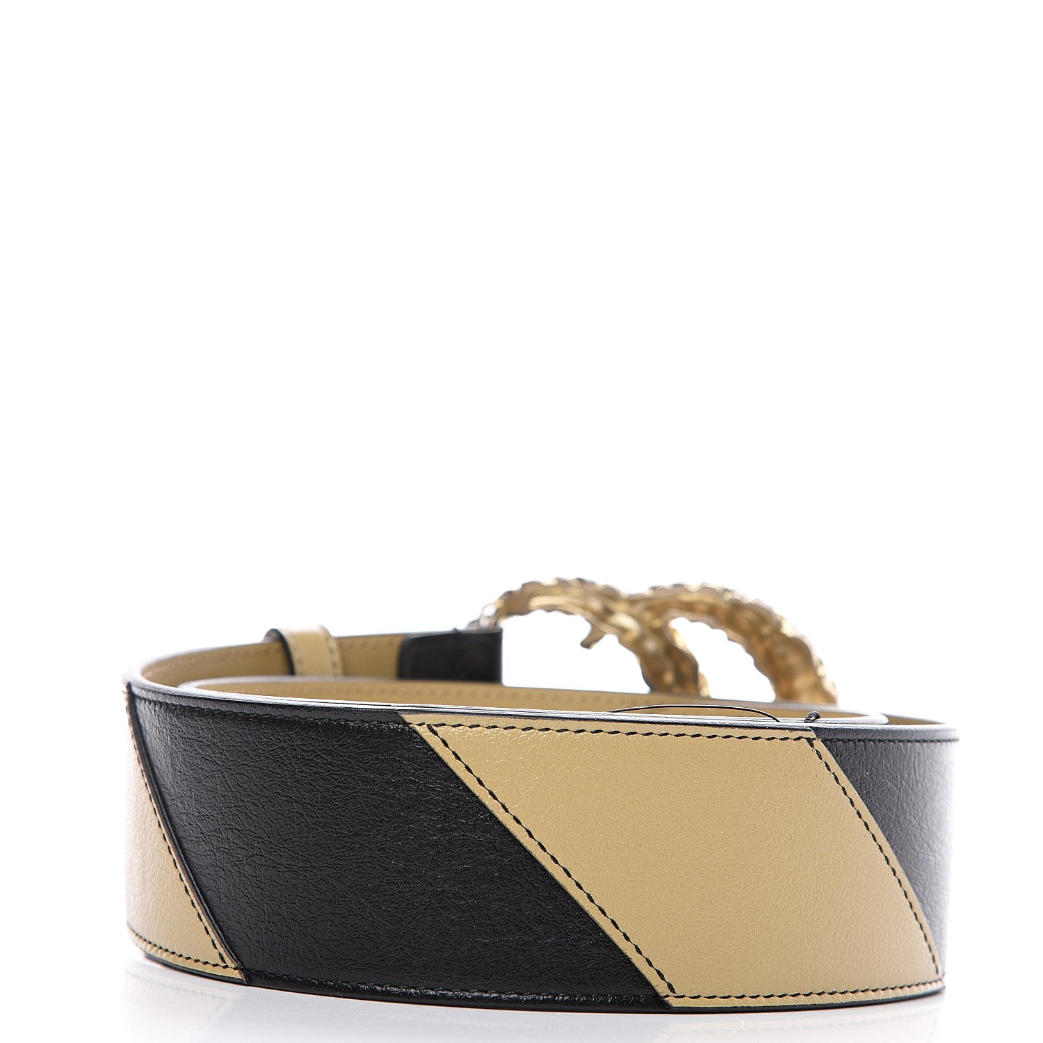 Gucci Calfskin Striped Textured Double G 50mm Belt 80 32 Black Beige 2 of 4
