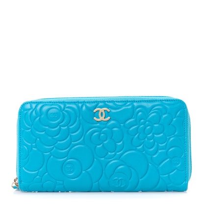 Chanel Lambskin Camellia Embossed Large Gusset Zip Around Wallet Turquoise 1 of 12