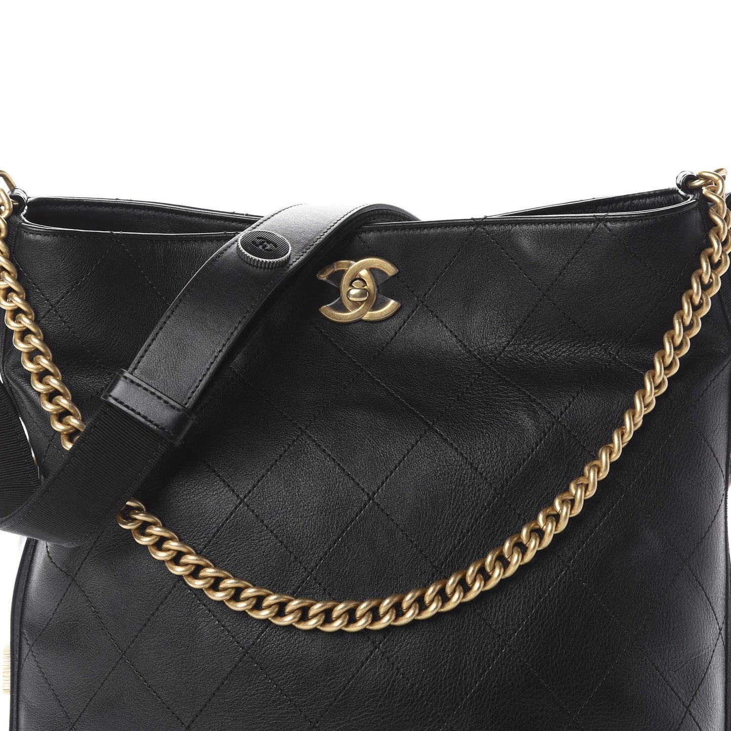 Calfskin Stitched Large Button Up Hobo Black