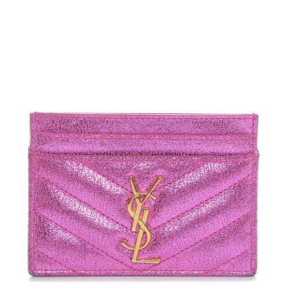 Saint Laurent Metallic Crackled Calfskin Matelasse Chevron Monogram Credit Card Case Fuchsia 1 of 8