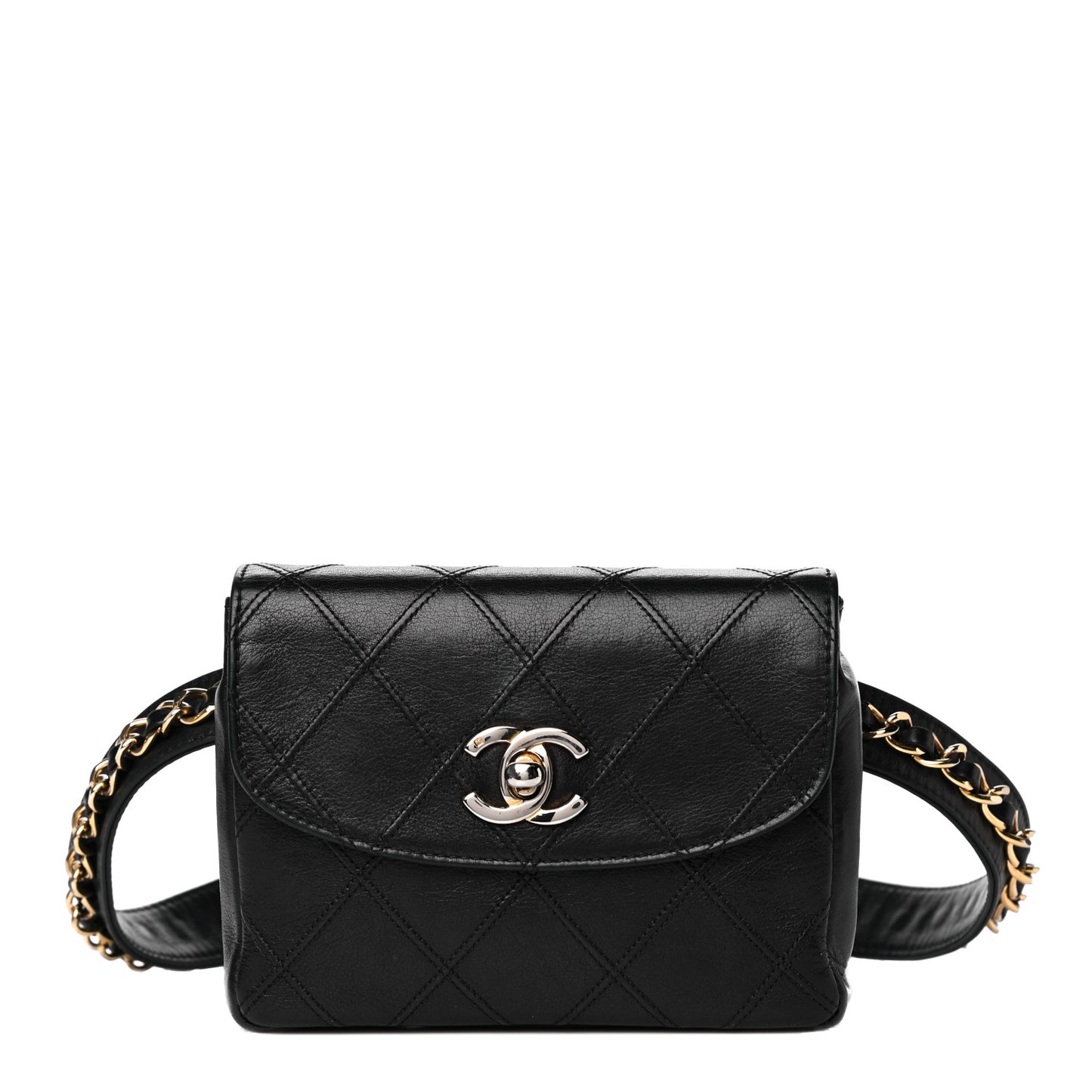 Lambskin Diamond Stitched Flap Waist Belt Bag 75 30 Black