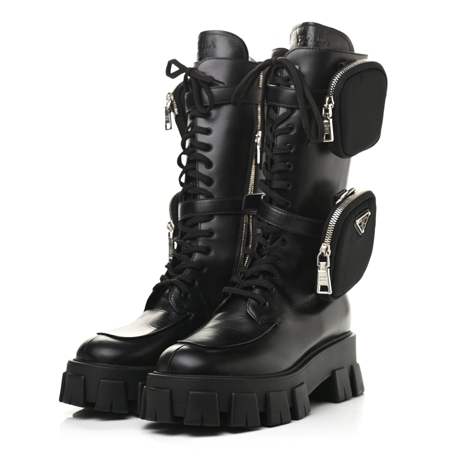 Vitello Lux Nylon Metal Triangle Logo Monolith Pouch Pocket 55mm Tall Combat Boots 39.5 Black