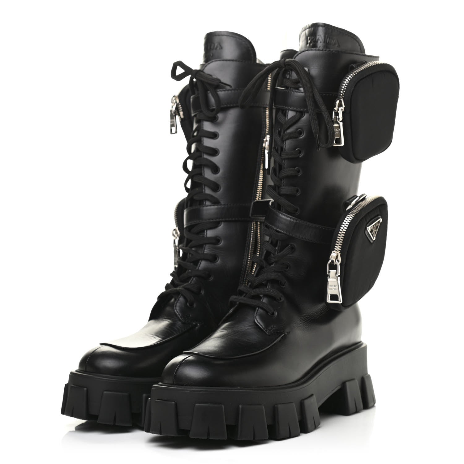 Prada Vitello Lux Nylon Metal Triangle Logo Monolith Pouch Pocket 55mm Tall Combat Boots 39.5 Black 3 of 12