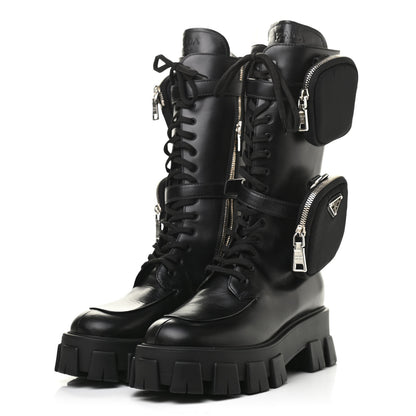 Prada Vitello Lux Nylon Metal Triangle Logo Monolith Pouch Pocket 55mm Tall Combat Boots 39.5 Black 3 of 12