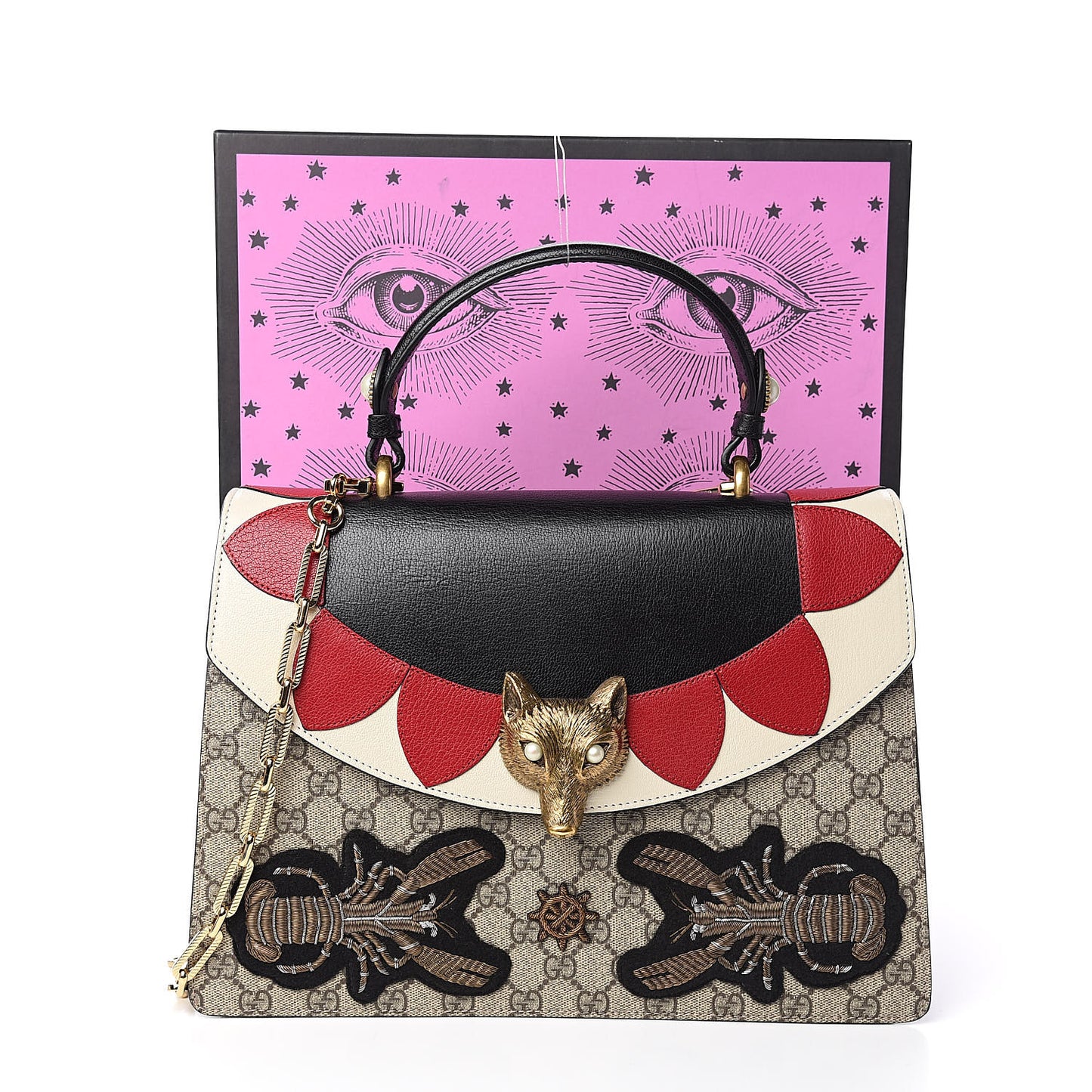 GG Supreme Monogram Goatskin Pearl Embroidered Medium Fox Broche Top Handle Bag Beige Ebony Black Hibiscus Red Mystic White