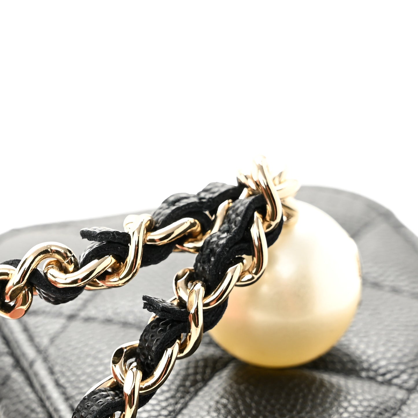 Caviar Quilted Mini Pearl On Top Vanity Case With Chain Black