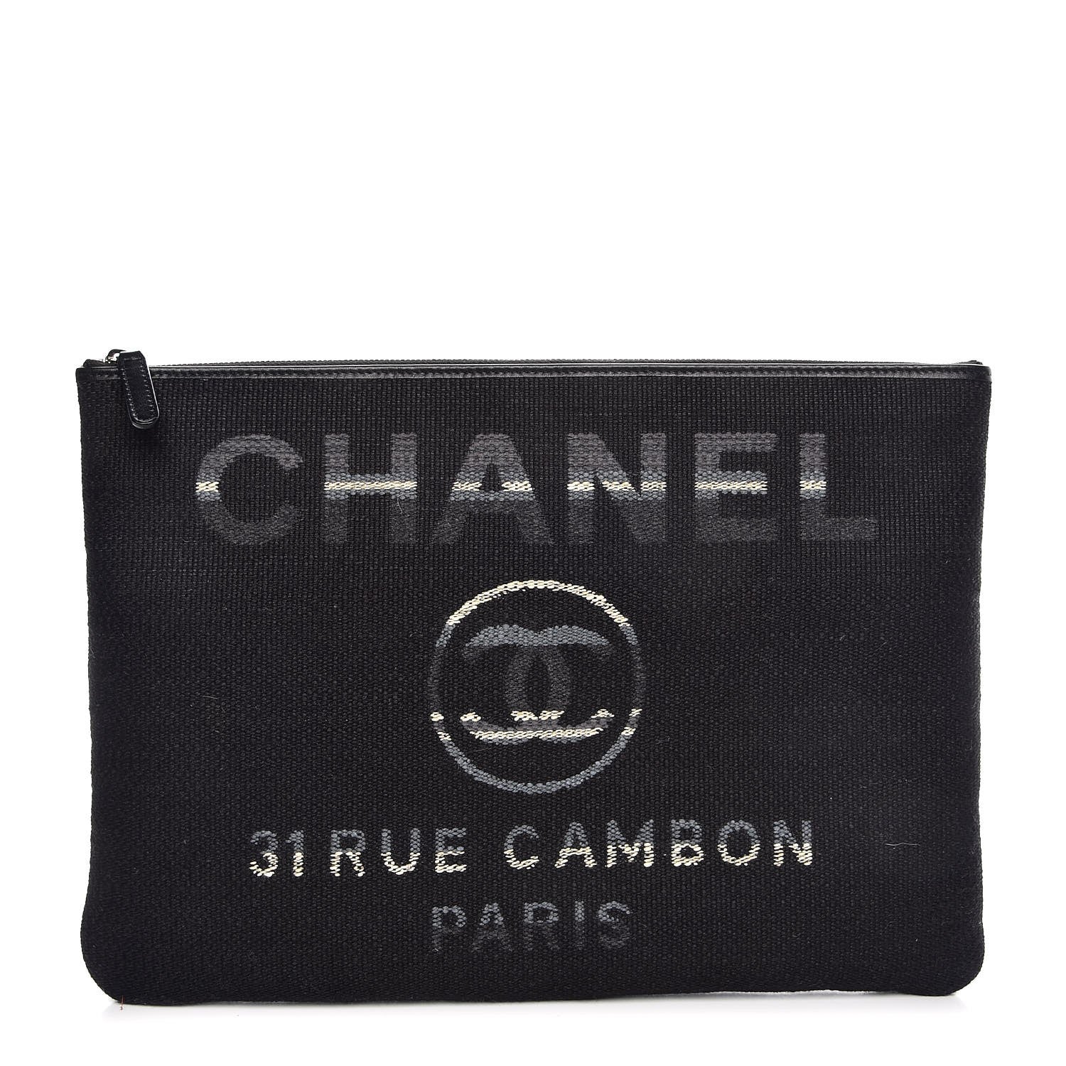 Chanel Striped Canvas Deauville Pouch Clutch Grey Black 1 of 7