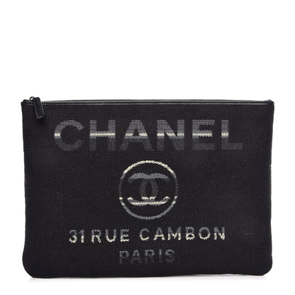Chanel Striped Canvas Deauville Pouch Clutch Grey Black 1 of 7