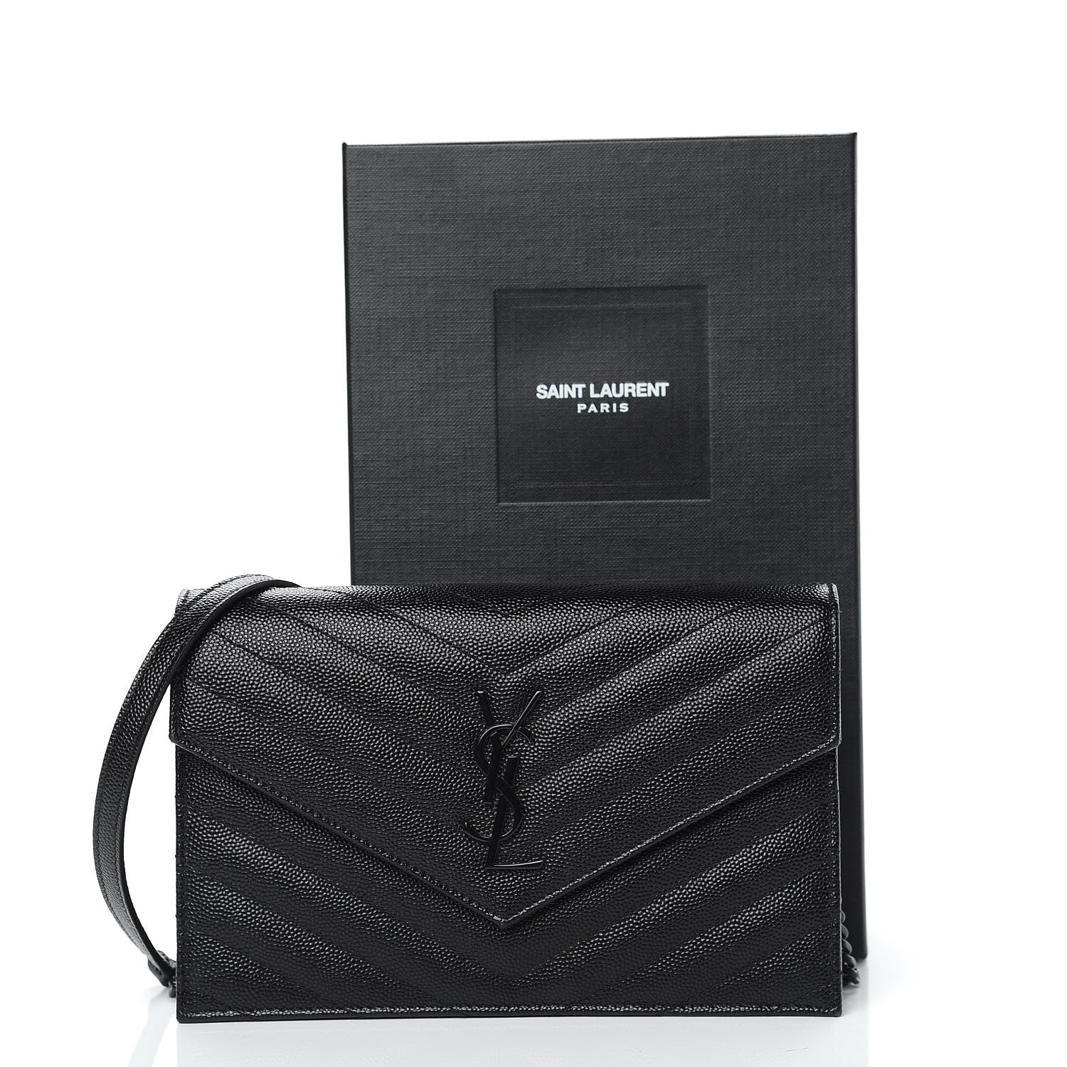 Saint Laurent Grain De Poudre Matelasse Chevron Monogram Envelope Chain Wallet Black 10 of 12