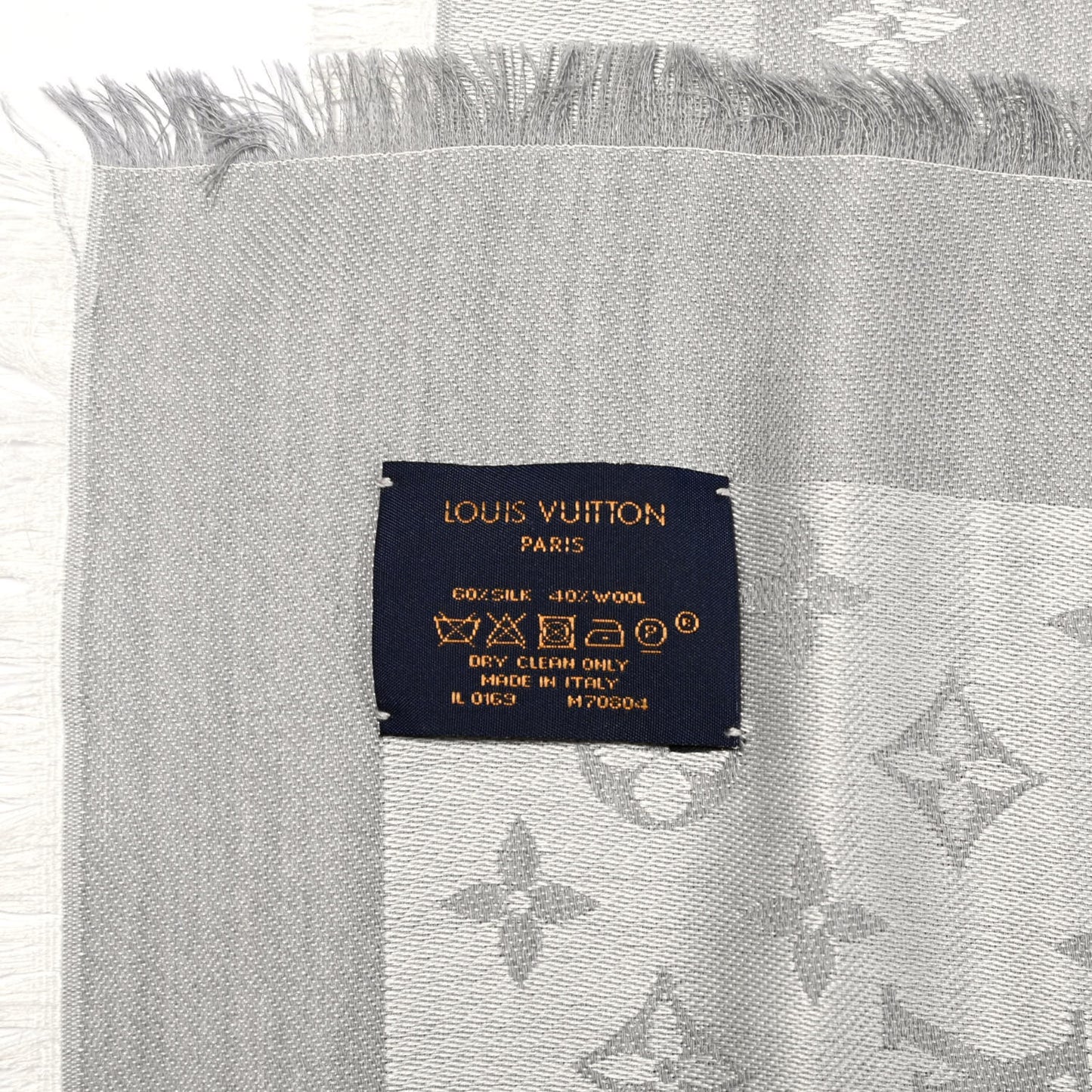 Wool Silk Monogram Denim Shawl Pearl Grey