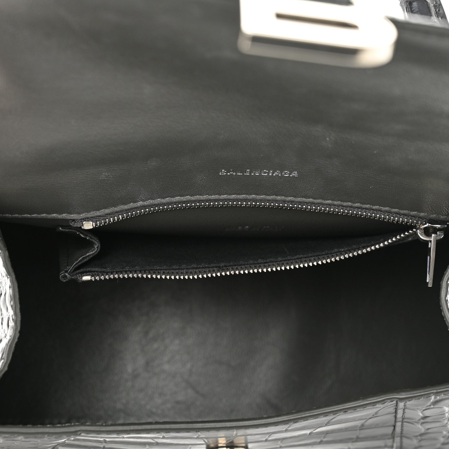Shiny Calfskin Crocodile Embossed Small Hourglass Top Handle Bag Dark Grey