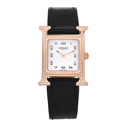 Hermes 18K Rose Gold Alligator Diamond Bezel Mother of Pearl 21mm Heure H Hour Quartz Watch Noir 1 of 5